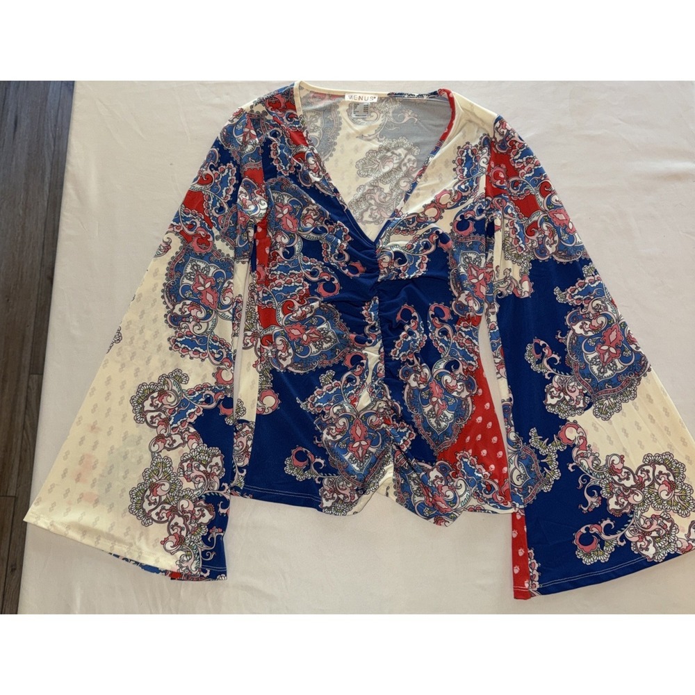 Venus Ruched Printed Bell Sleeve Top Women's Size S